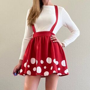 Hot-topic Women's Red and White High Waisted Pinafore Skirt with Pockets and Zip